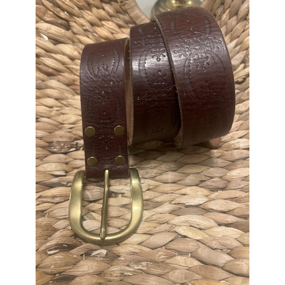 Lucky Brand Genuine Leather Vintage Embossed Belt Size 34" Brass buckle